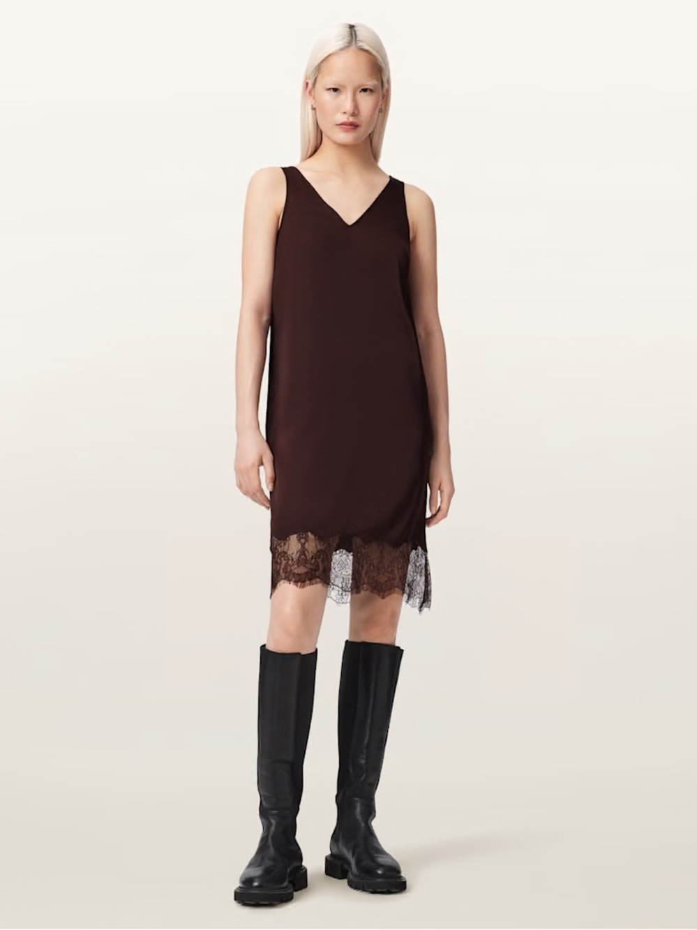 AllSaints Oxblood Two-Piece Lace-Trim Slip Dress